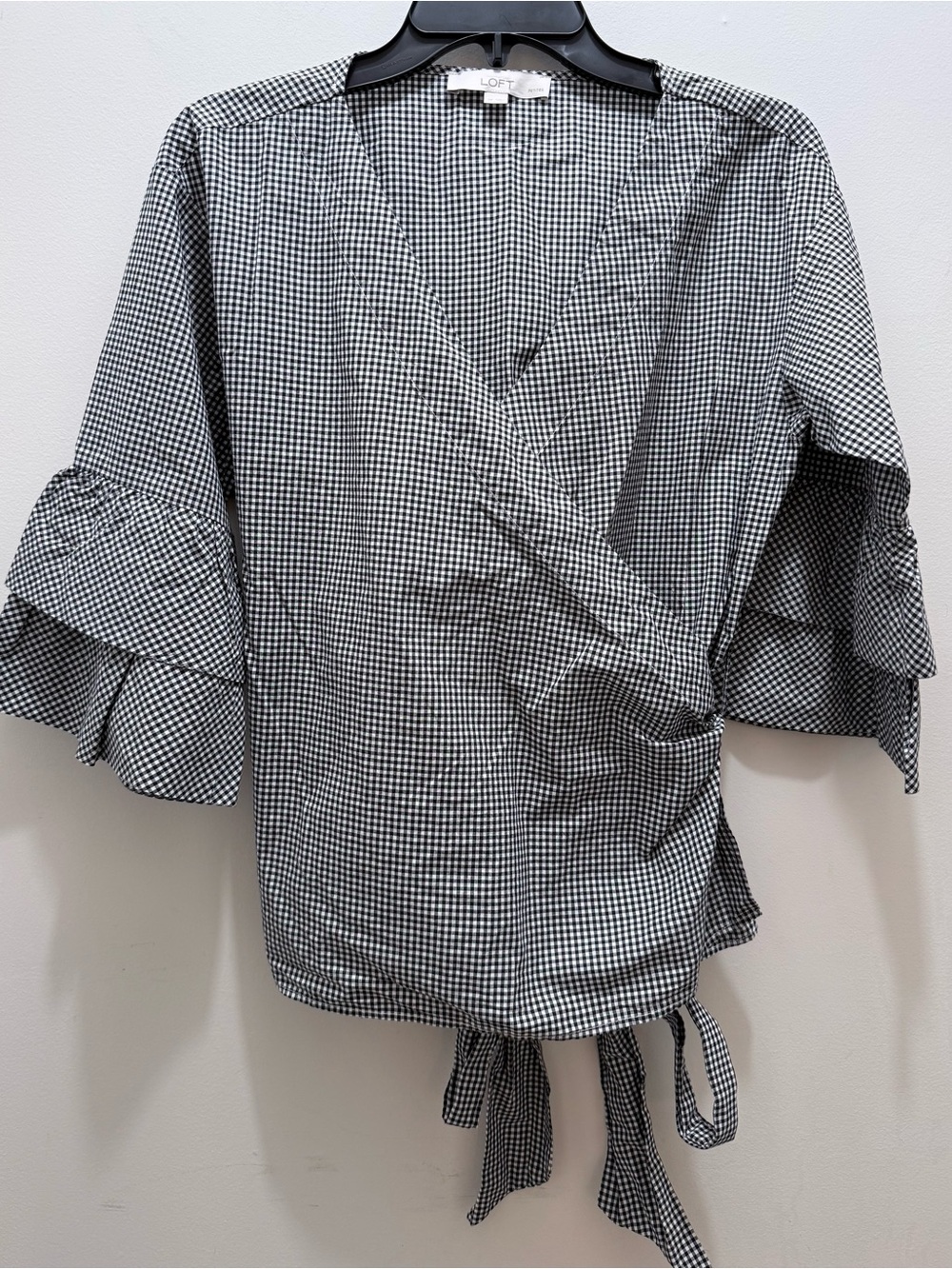 LOFT Black & White Gingham Wrap Top with Ruffle Sleeves